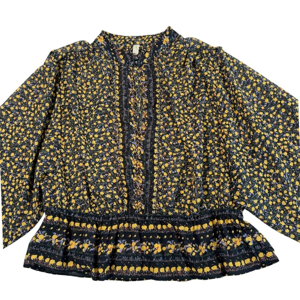 Free People Womens Sheer Floral Beaded Peplum Top Sz M Black Yellow Boho Cottage